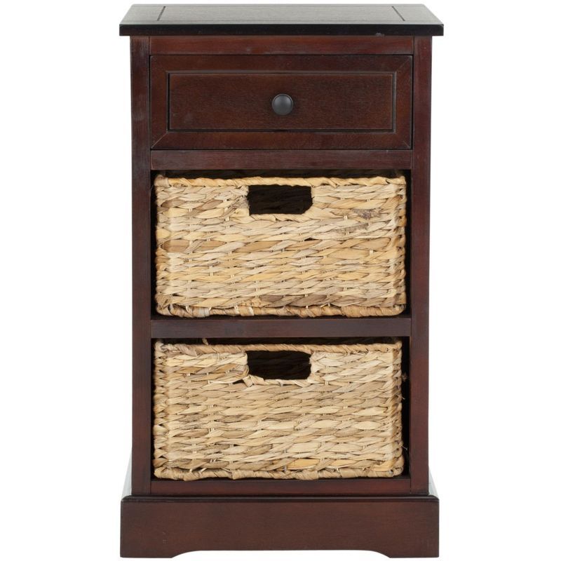 Dark Cherry Pine Side Table with Wicker Baskets