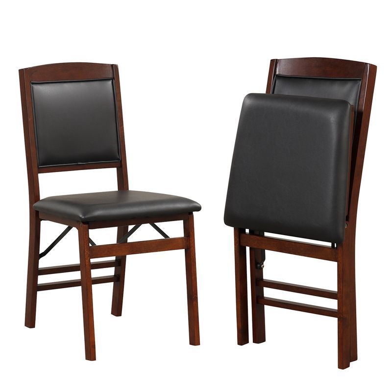 Walnut and Black Leather Folding Parsons Side Chairs, Set of 2