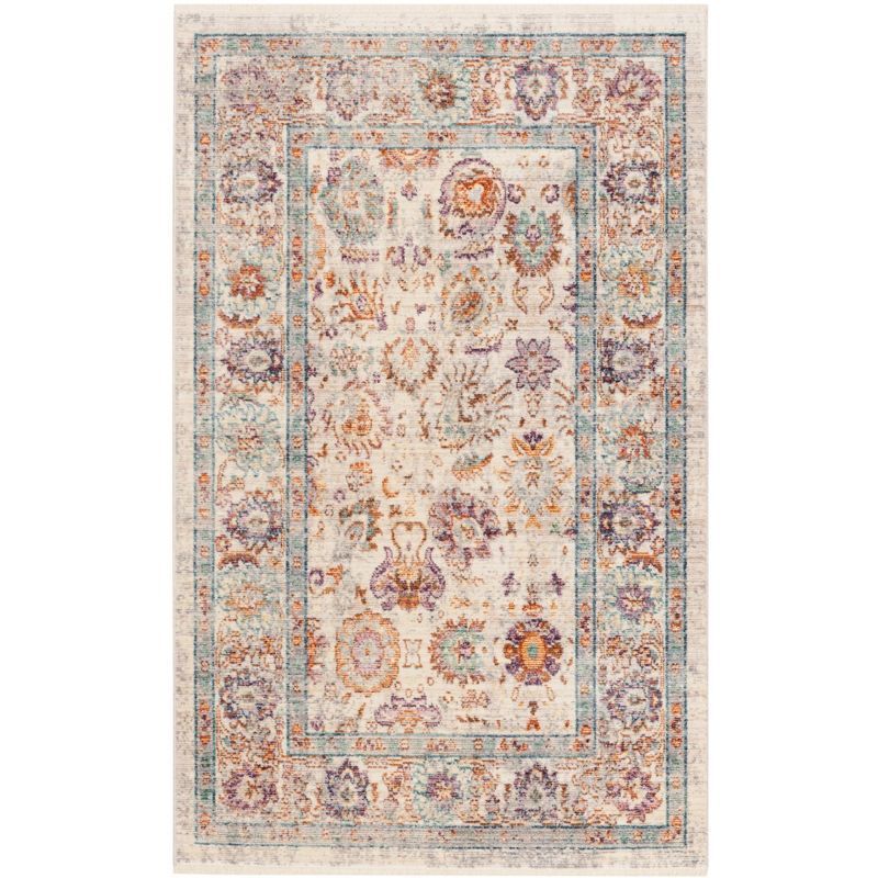 Cream and Purple Hand-Knotted Rectangular Viscose Area Rug