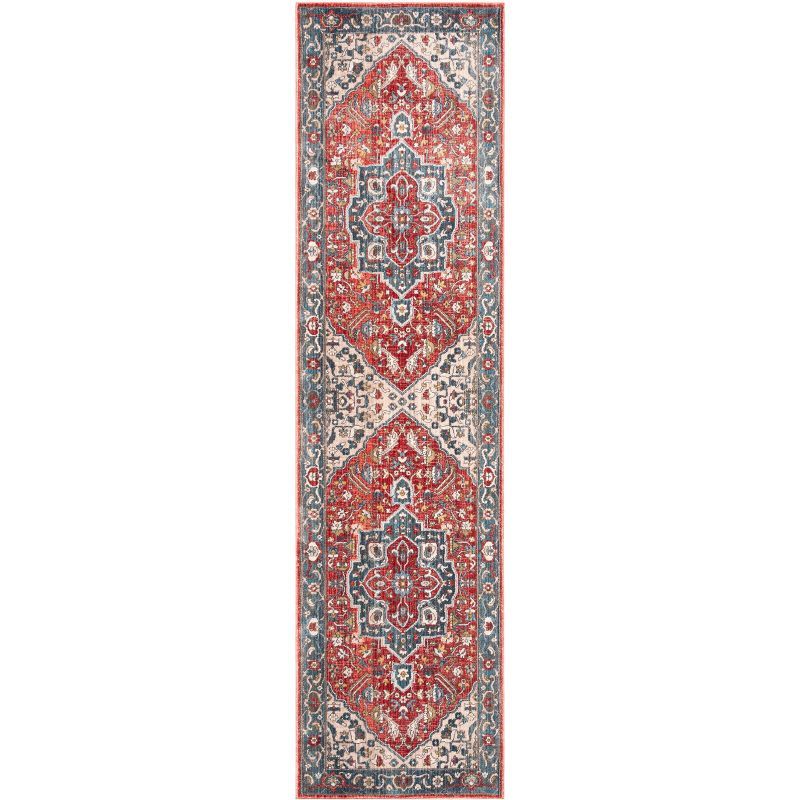 Vintage Red and Blue Floral Synthetic Runner Rug