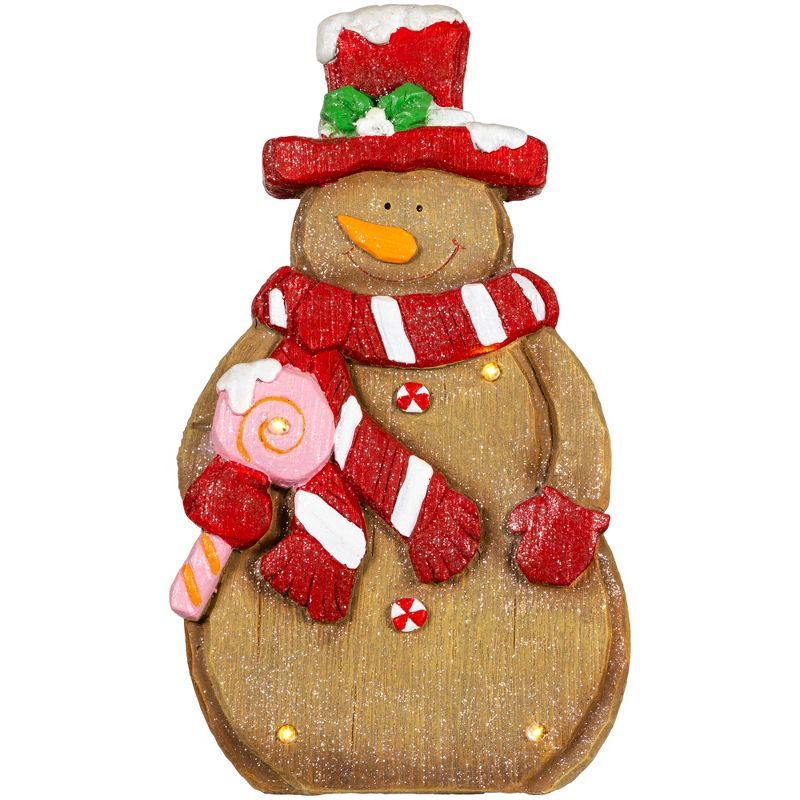 Festive LED Lighted Gingerbread Snowman Figurine with Red Mittens