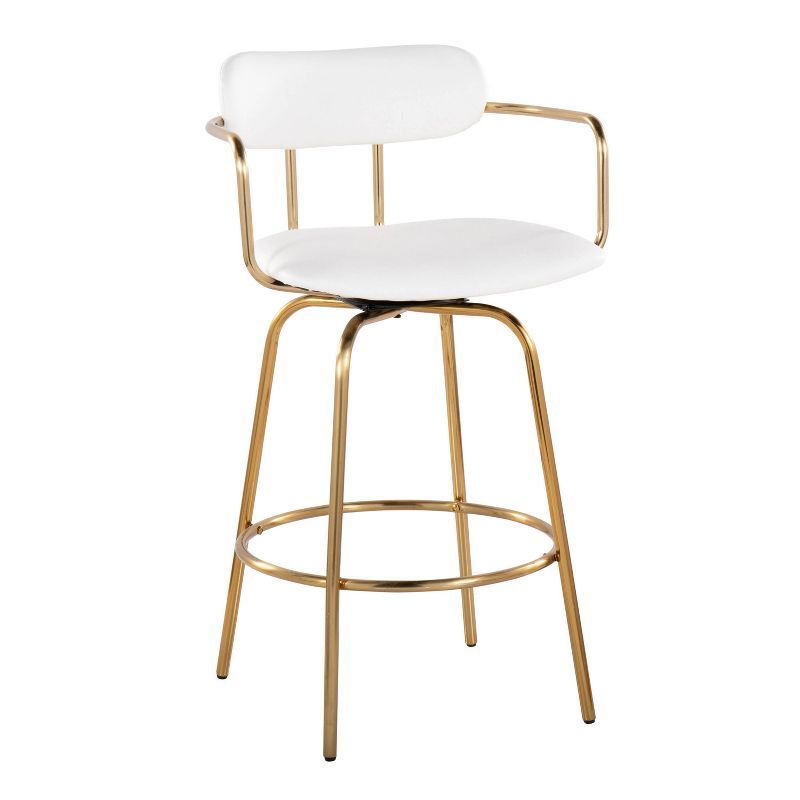 White Faux Leather and Gold Metal Swivel Counter Stool Set