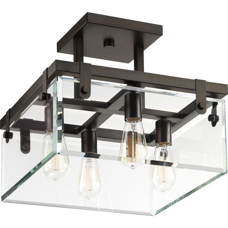 Elegant Brushed Nickel & Bronze Beveled Glass Semi-Flush Light Fixture