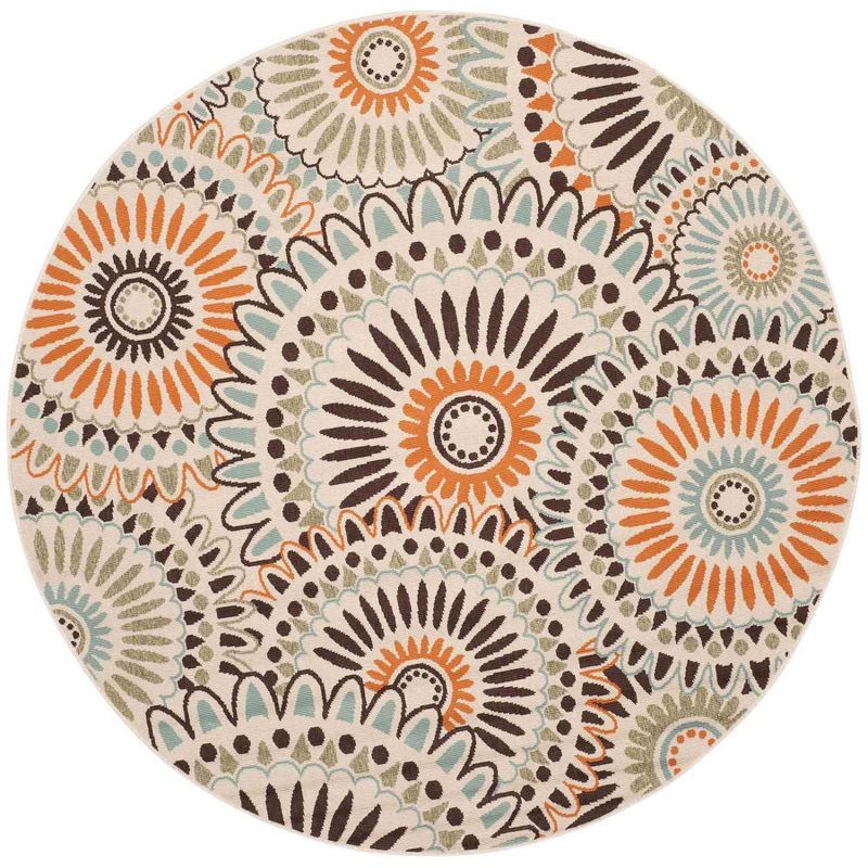 Round Cream and Chocolate Synthetic Floral Area Rug