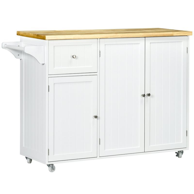 White Wood Rolling Kitchen Cart with Butcher Block Top and Storage