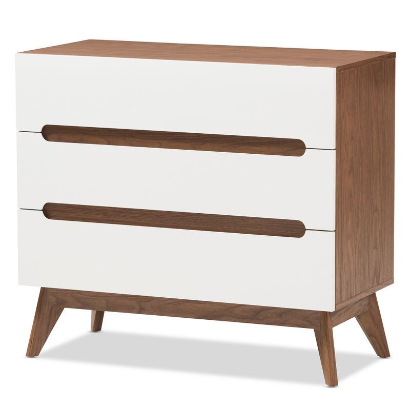 White and Walnut Mid-Century Modern 3-Drawer Chest