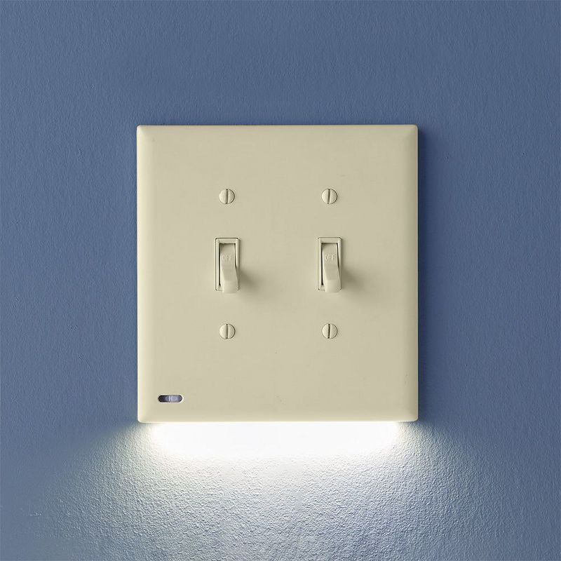 Light Almond Double-Gang Toggle Switch Plate with LED Night Light