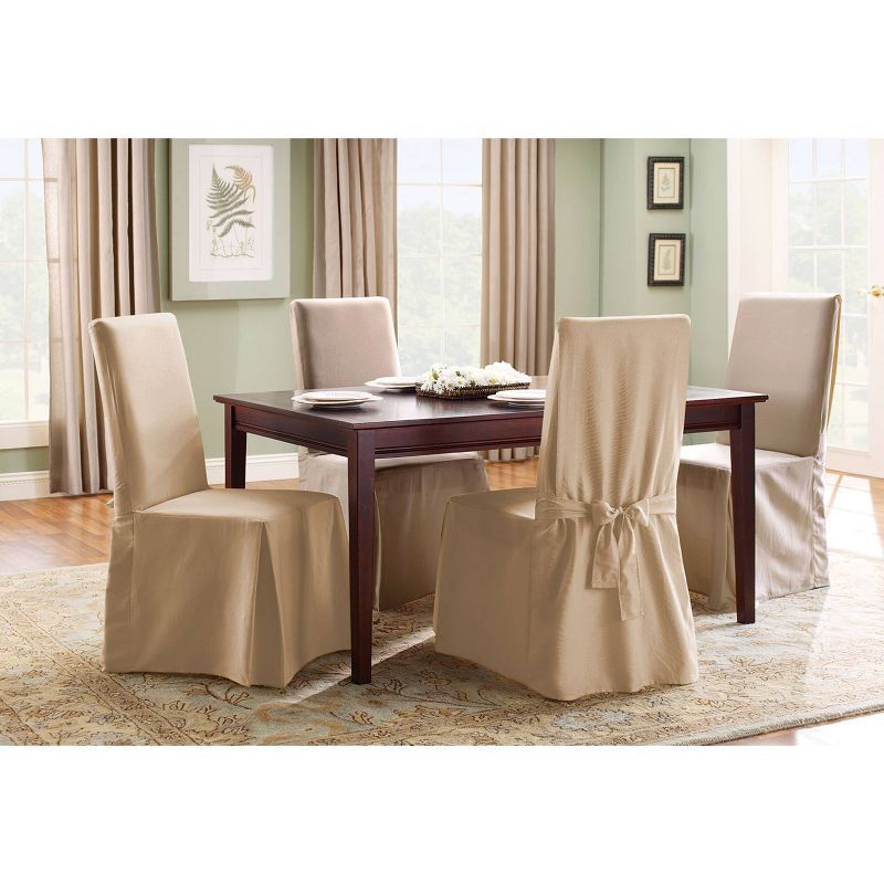 Tan Cotton Duck Long Dining Chair Slipcover with Ties