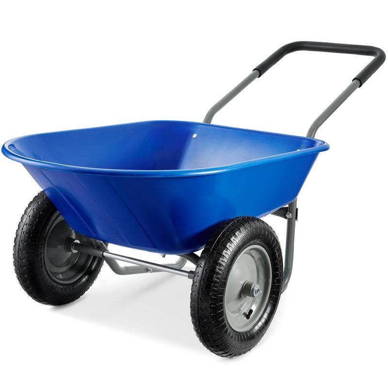 Blue Heavy-Duty Plastic Dual-Wheel Garden Cart with Ergonomic Handle