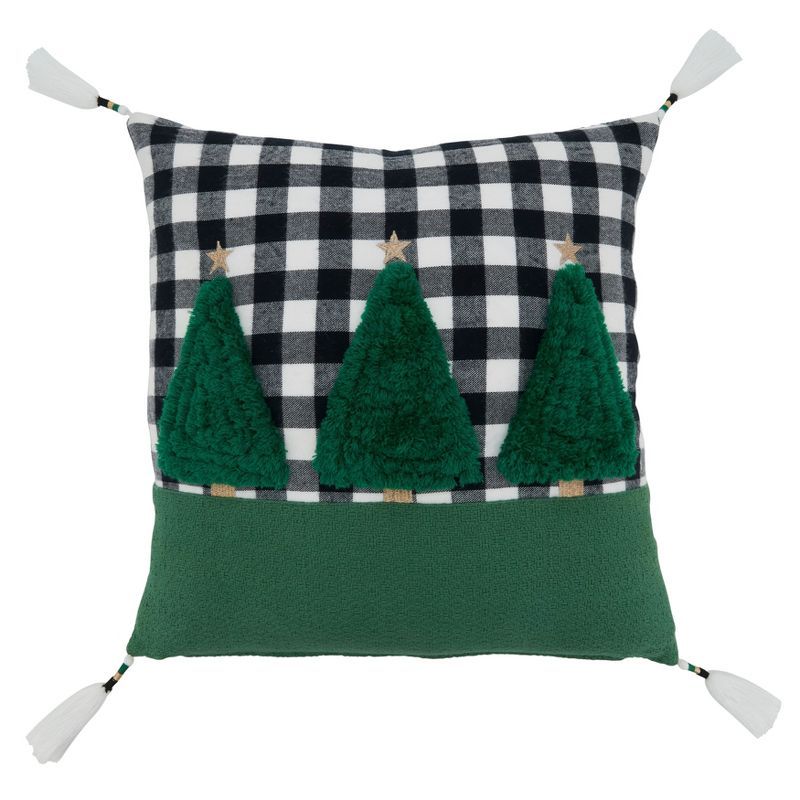 Green Buffalo Plaid Trees Square Throw Pillow with Tassels