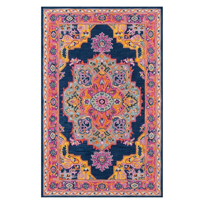 Navy and Multicolor Handmade Wool Medallion Rug 5' x 8'