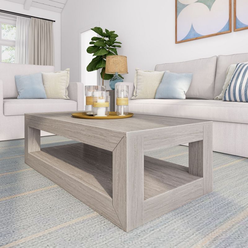 Seashell Wirebrush Solid Pine Rectangular Coffee Table with Storage Shelf