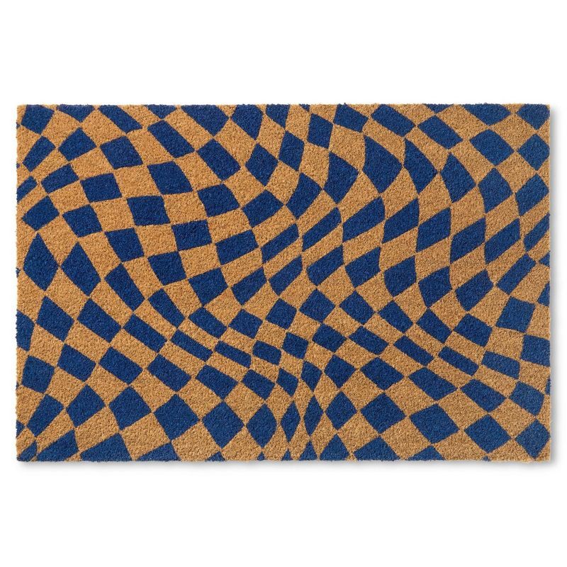 Blue and Natural Coir Checkerboard Outdoor Door Mat, 24" x 36"