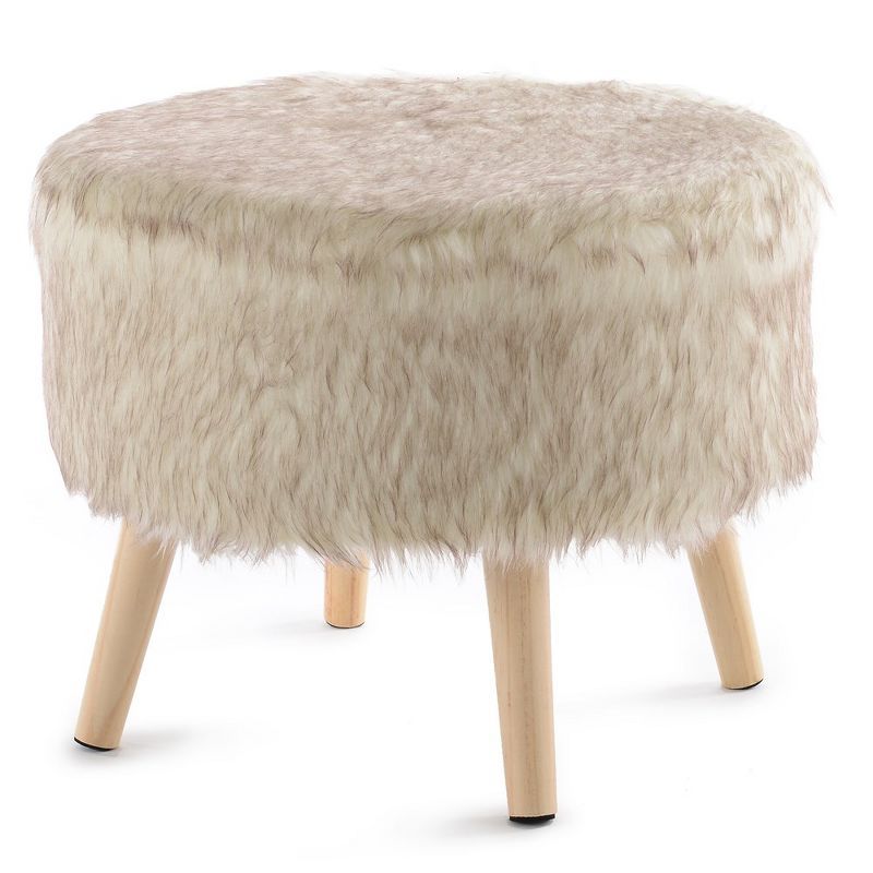 17" Beige Faux Fur Round Ottoman with Wooden Legs