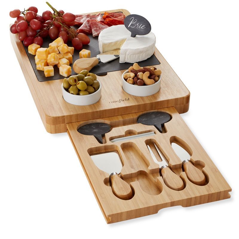 Bamboo Charcuterie Cheese Board Set with Slate and Ceramic Bowls