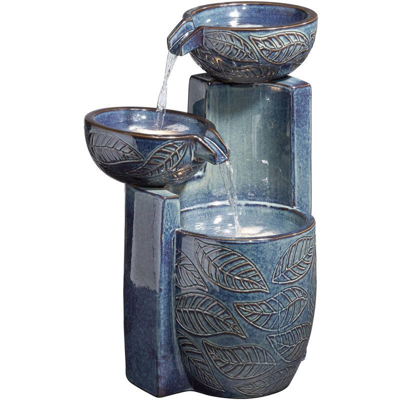 Midnight Blue Ceramic Cascading Bowls Outdoor Fountain with LED Light