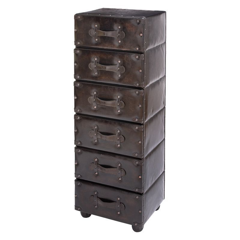 Vintage Faux Leather 6-Drawer Chest in Dark Brown with Rivet Details