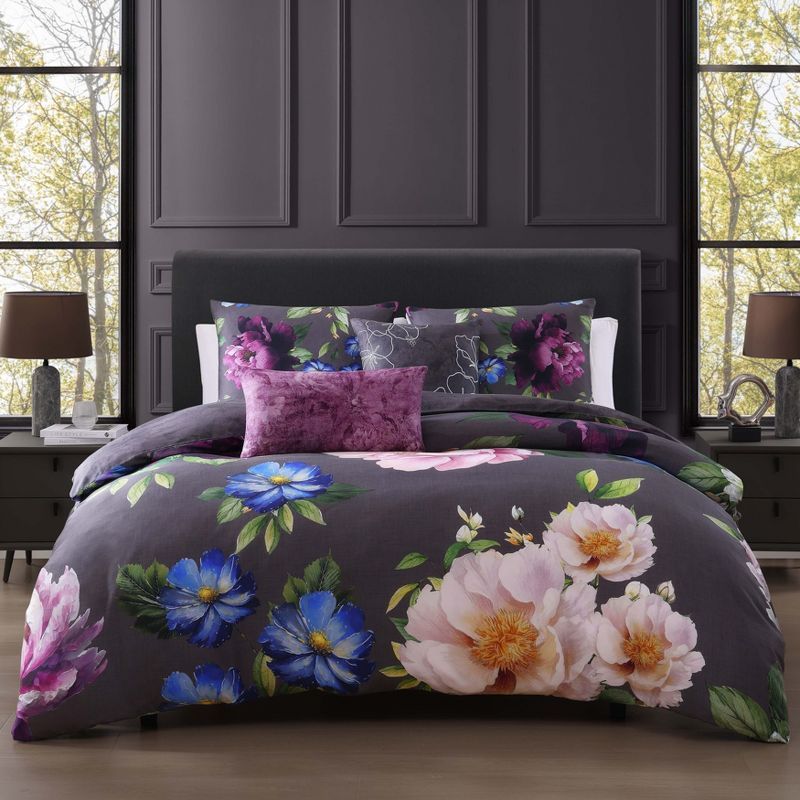 Elegant Blossoms Gray Cotton Queen Reversible Comforter Set