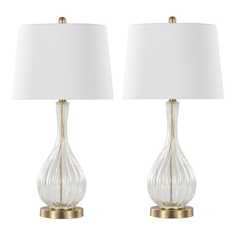 Set of 2 Gold and Clear Crackle Glass Table Lamps with White Linen Shades