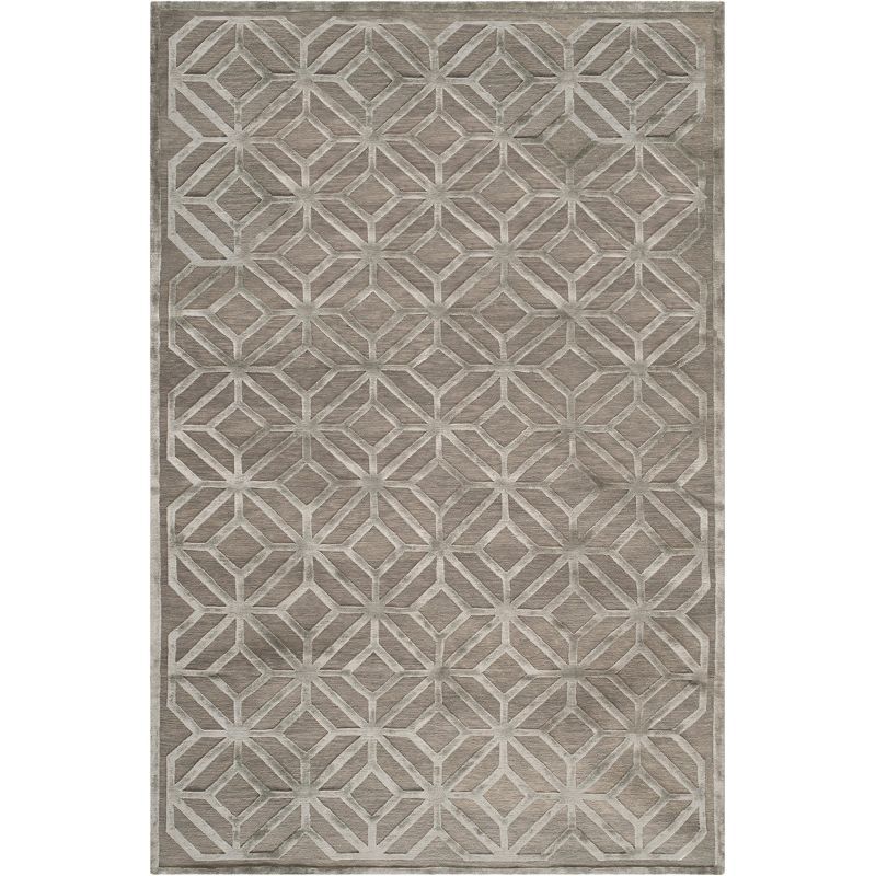 Gray Geometric Hand-Knotted Wool and Viscose 6' x 9' Rug