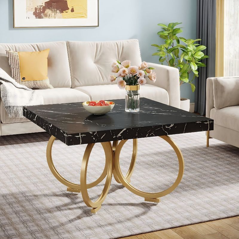 31.5" Black Faux Marble Square Coffee Table with Gold Geometric Base