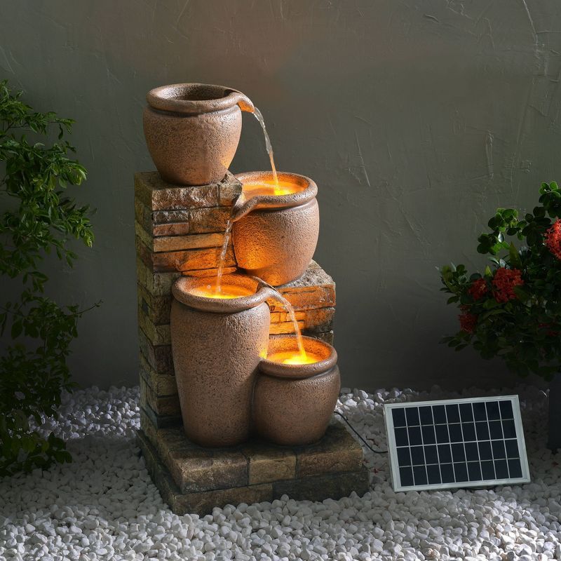 30.71" Rustic Brown Solar Powered 4-Tier Cascading Bowl Water Fountain