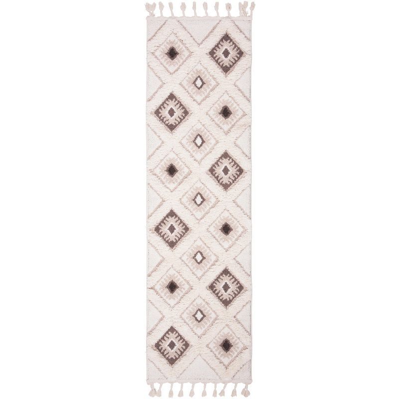 Ivory & Brown Diamond Braided Shag Runner Rug - Handmade Synthetic