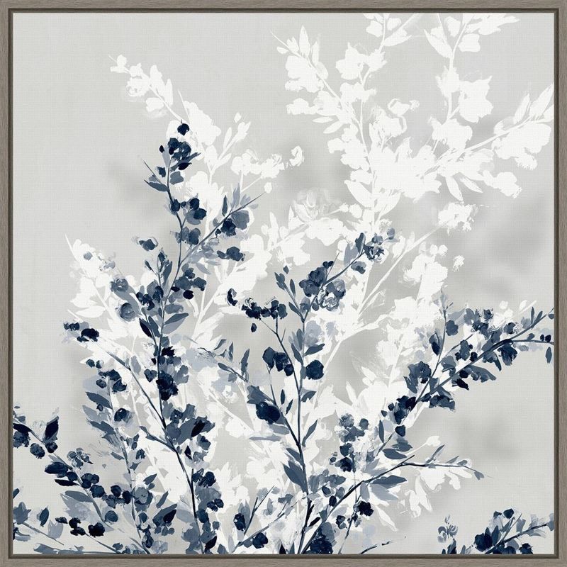 22" x 22" Blue and White Abstract Botanic-Inspired Framed Canvas Wall Art