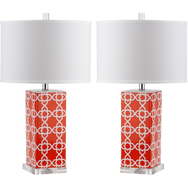 27-inch Orange Ceramic Table Lamp Set with White Cotton Shade