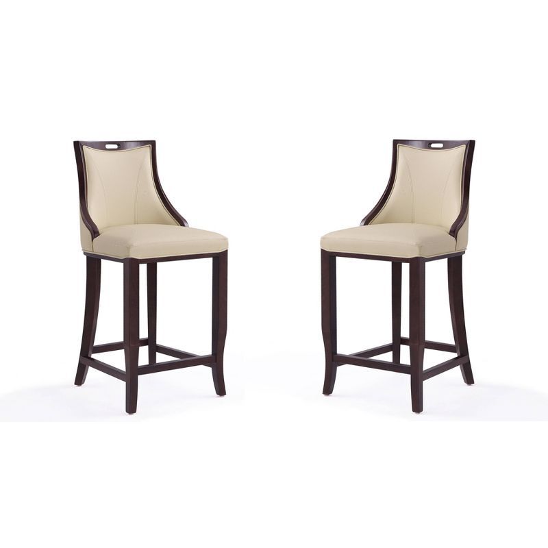 Emperor Cream Faux Leather and Walnut Wood Bar Stools, Set of 2