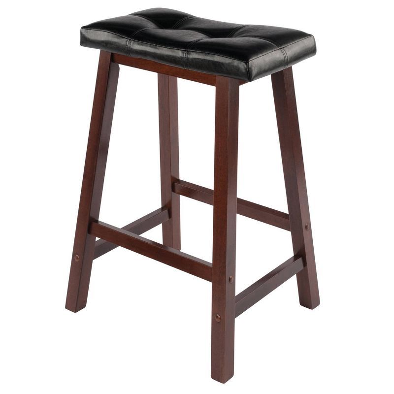 Black Faux Leather and Walnut Wood Saddle Counter Stool