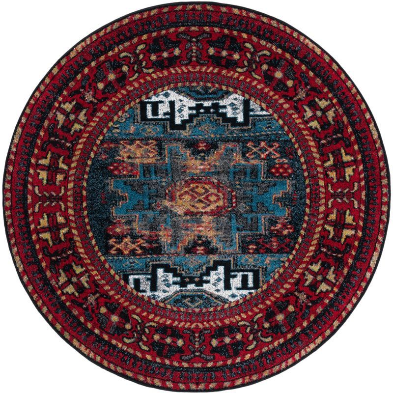 Vintage Red and Blue Round Floral Synthetic Rug