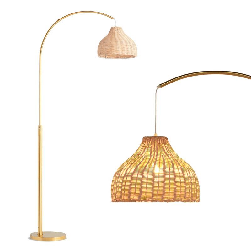 75" Brass Arc Floor Lamp with Rattan Shade