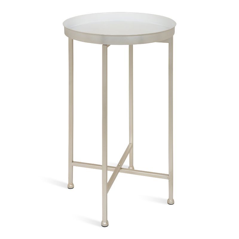 Celia White and Silver Round Metal Foldable Tray Accent Table