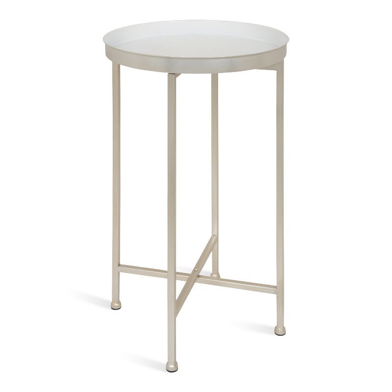 Celia White and Silver Round Metal Foldable Tray Accent Table