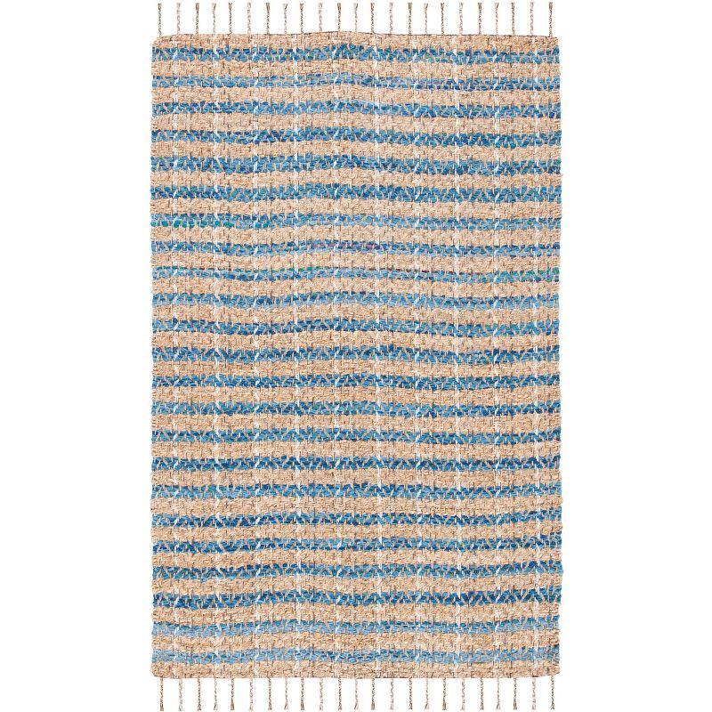 Handmade Blue Stripe Square Jute Area Rug 6'