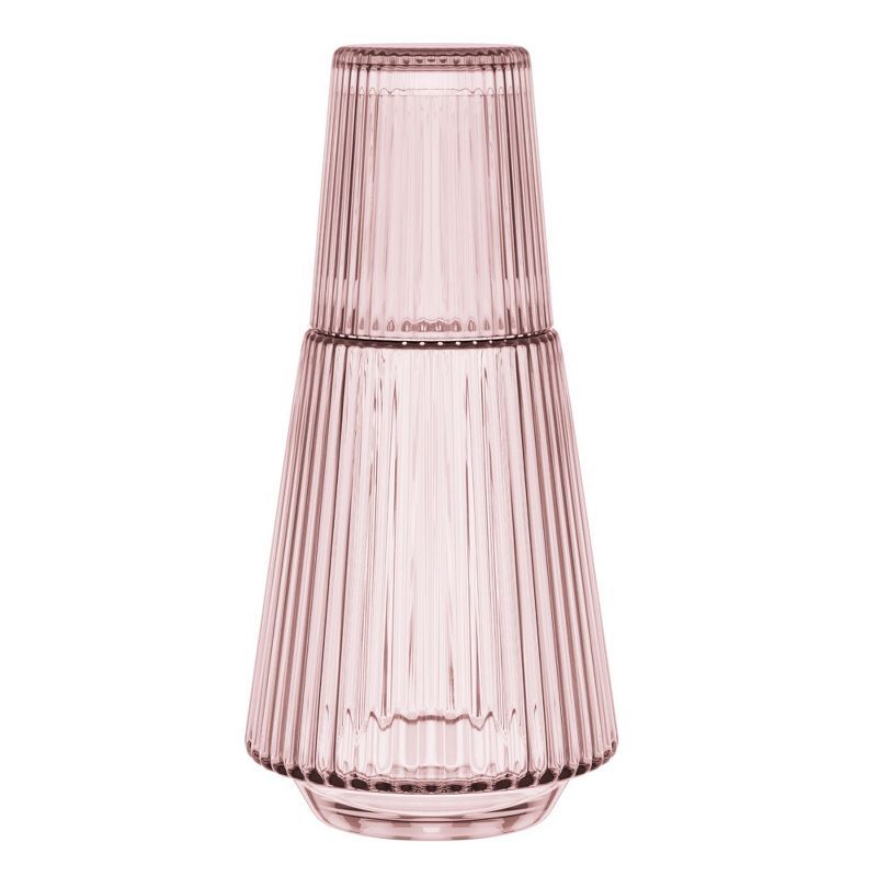 Pink Ribbed Glass Bedside Water Carafe with Tumbler Lid