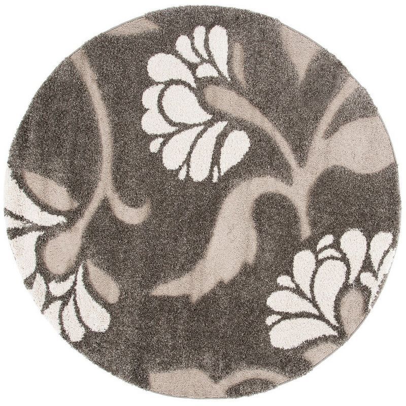 Sculpted Smoke and Beige Floral Shag Round Rug, Hand-Knotted