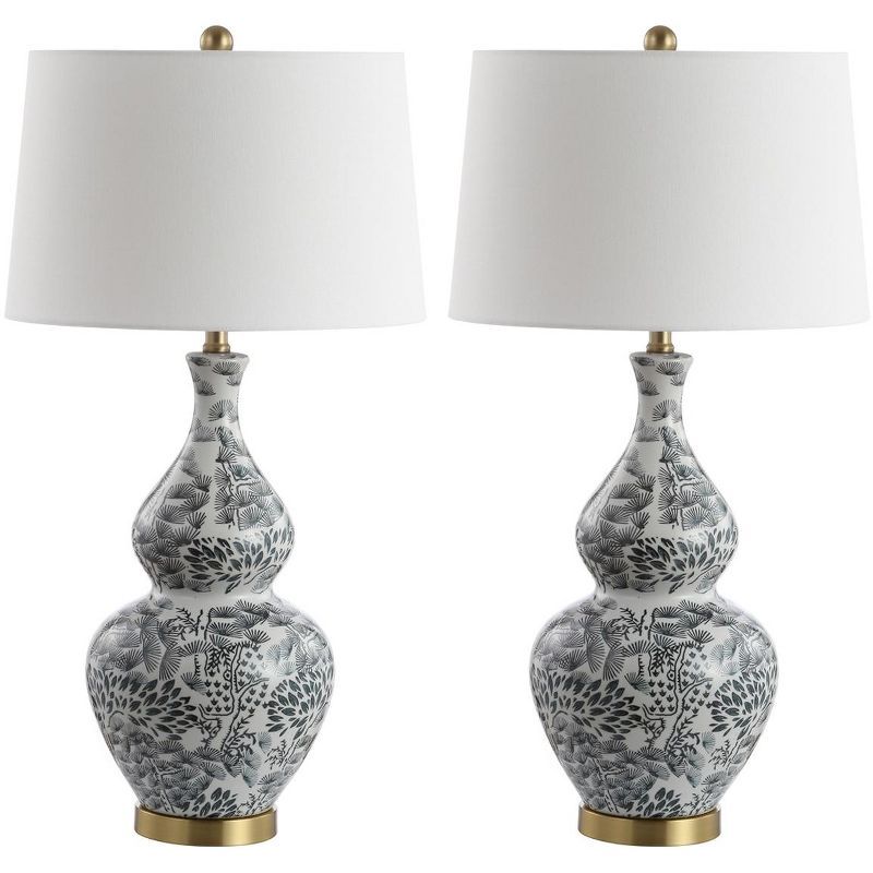 Exotic Floral Black & White Ceramic Table Lamp Set with Brass Accents