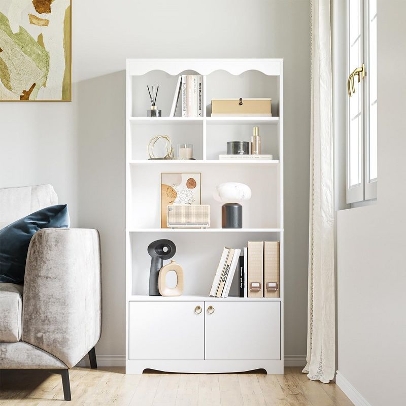 63-Inch Tall White MDF Bookcase with Doors and Open Shelves