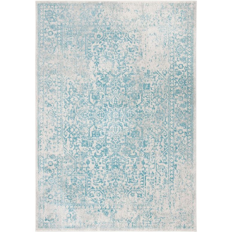 Ivory and Aqua Synthetic Hand-Knotted Round Rug