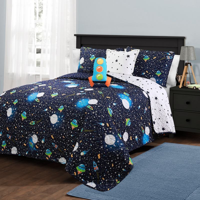 Navy Reversible Microfiber Twin Kids Quilt Set