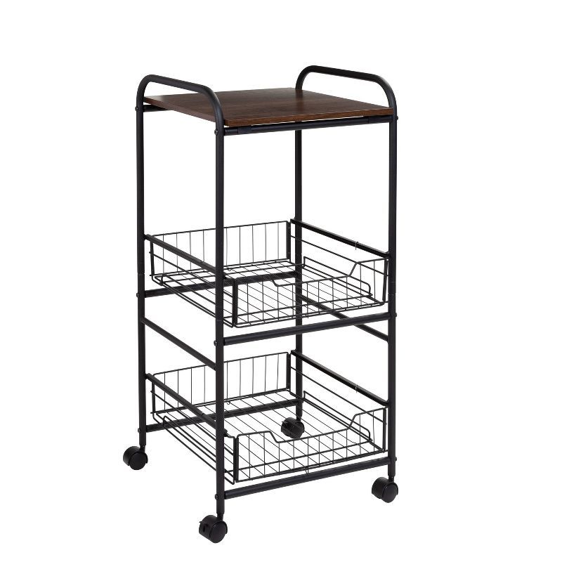 Black 3-Tier Rolling Kitchen Cart with Wood Top and Storage