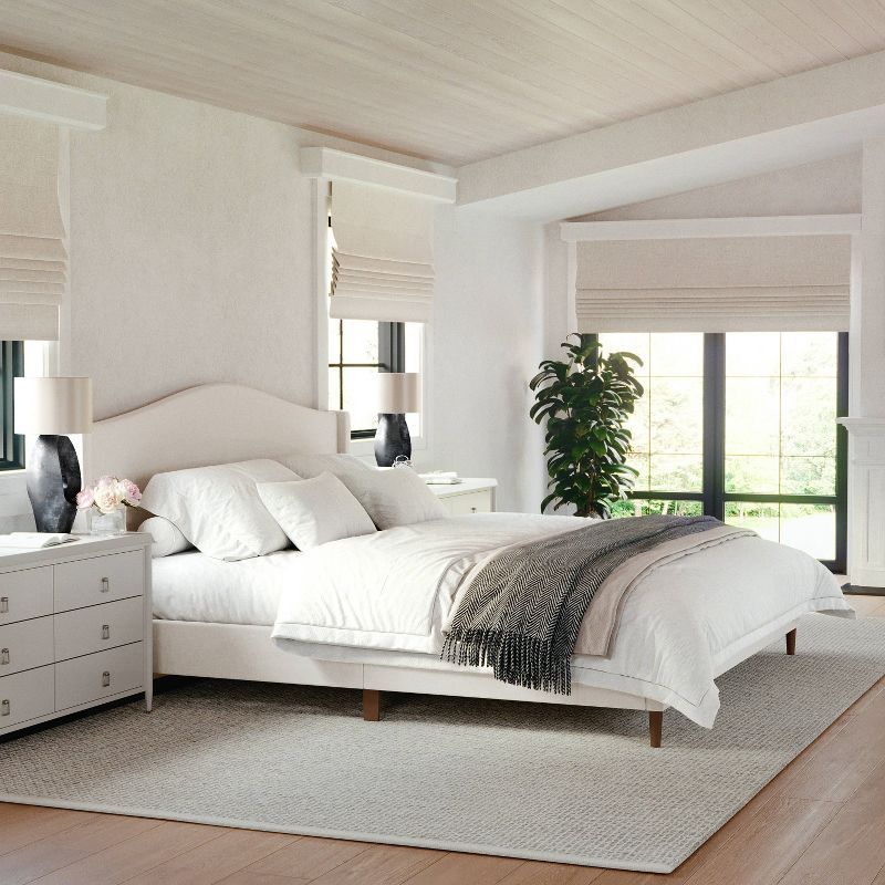 King Beige Linen Upholstered Platform Bed with Wood Frame