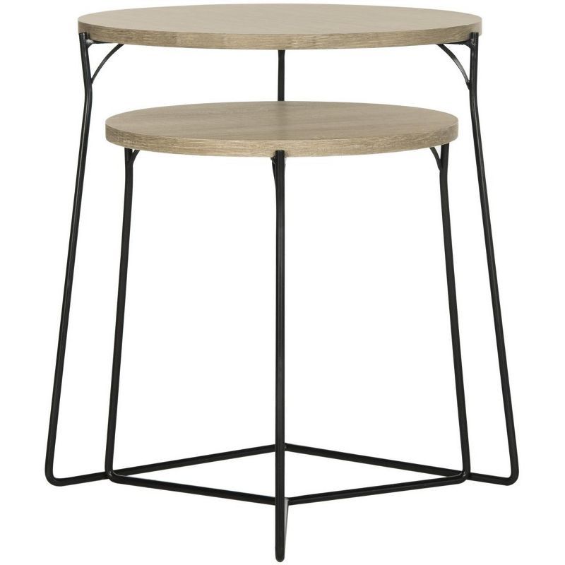 Light Brown Round Wood and Metal Stacking End Table