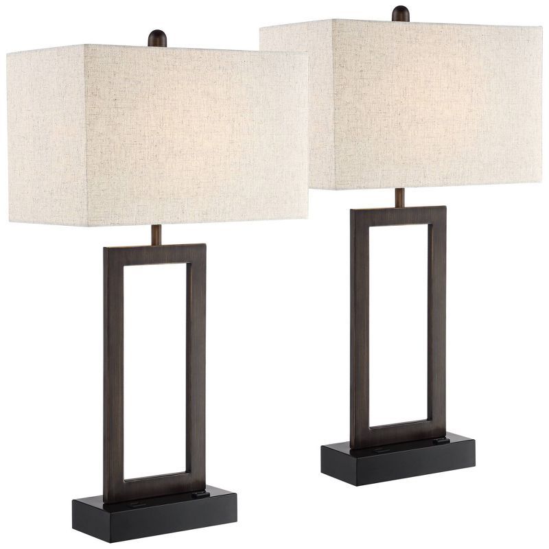 Todd Bronze Metal Table Lamps with USB and Oatmeal Shade