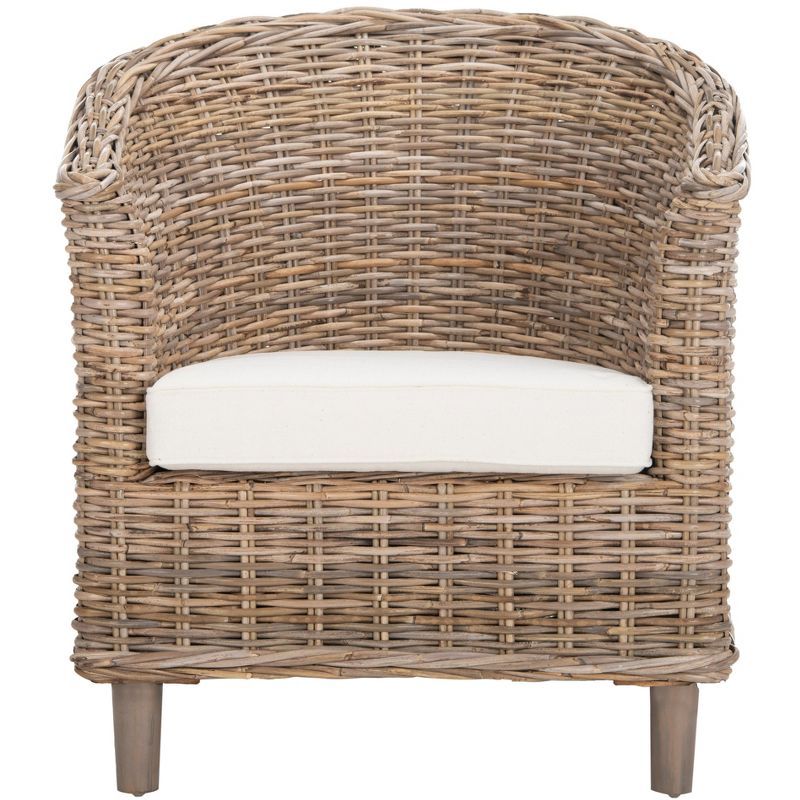 Natural Unfinished Rattan Barrel Accent Chair with White Cushion