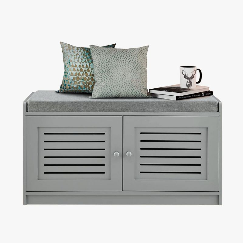 Gray Wooden Shoe Storage Bench with Cushioned Seat and Adjustable Shelves