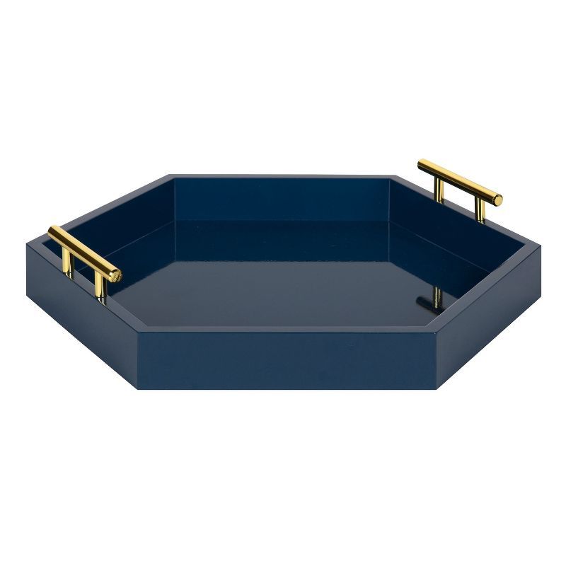 Navy Blue Rectangular Wood Accent Tray with Metal Handles