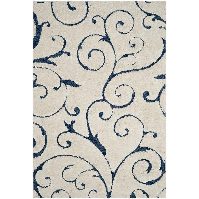 Cream and Blue High Pile Shag Area Rug